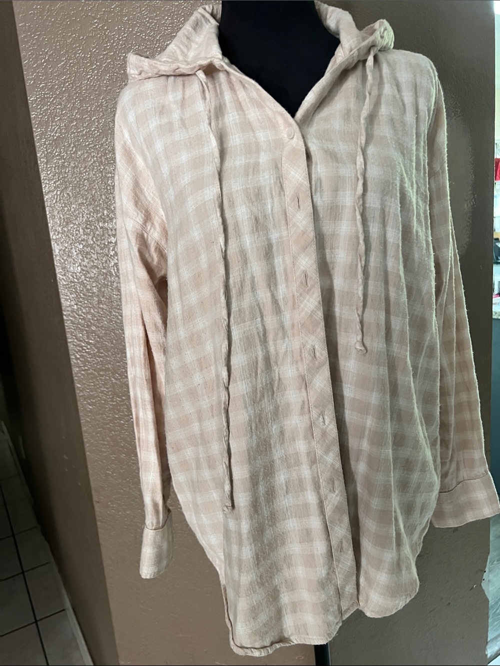 aerie Beige Plaid Lightweight Button-Down Hooded Shirt